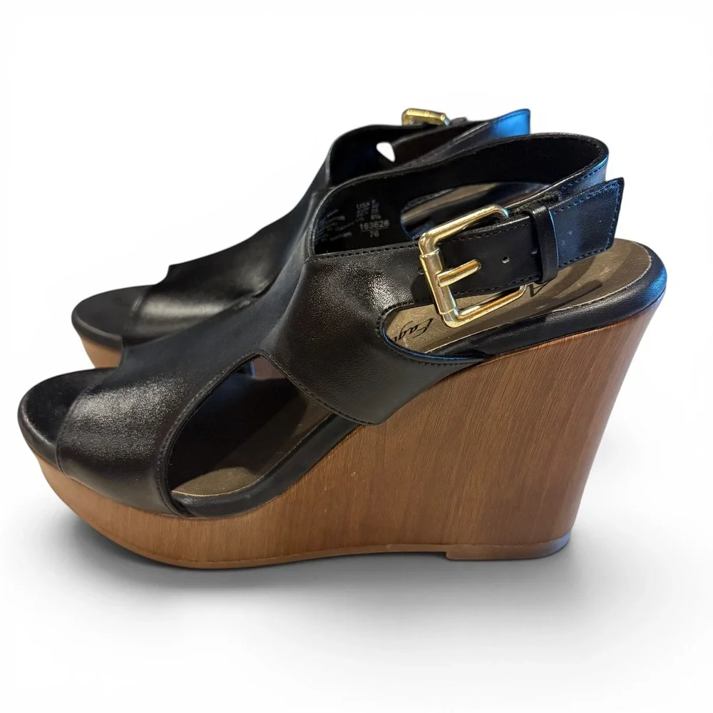 American Eagle Women's Size 8 Black Platform Wedge Sandals Wood Grain Heel